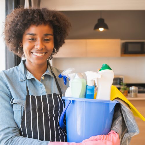 Portrait of young afro woman holding a bucket with cleaning items at home. Housekeeping and cleaning concept.